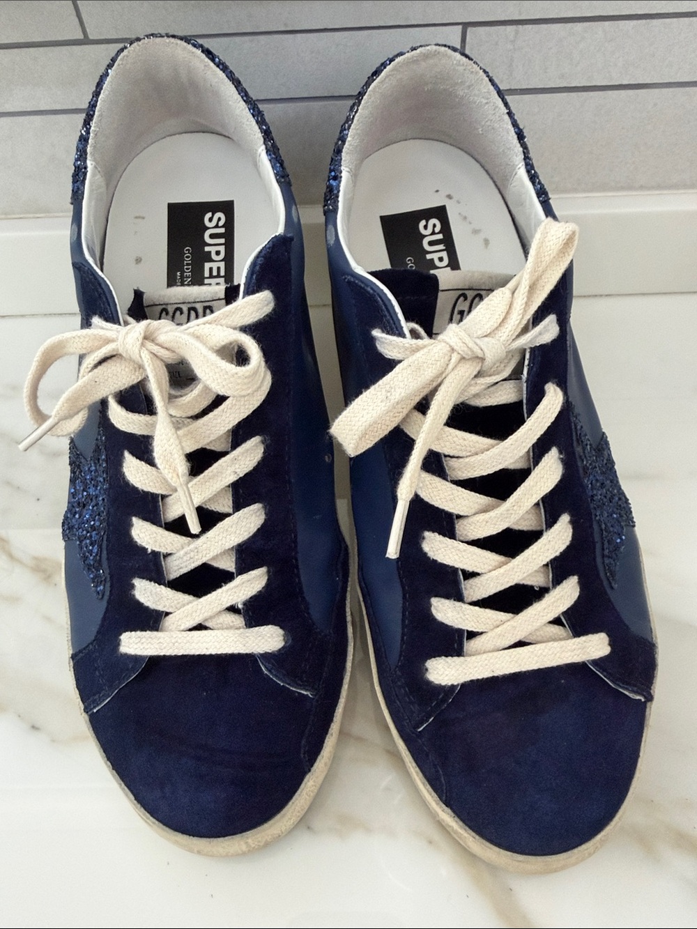 Private Ed. GG SuperStars Navy Suede with Cream Laces and blue glitter ⭐️